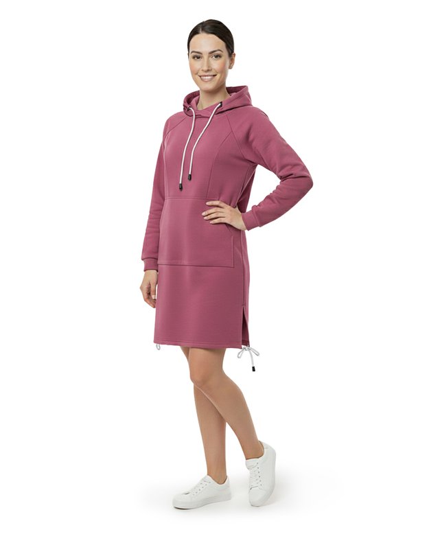 Rožinis džemperis-suknelė su kapišonu