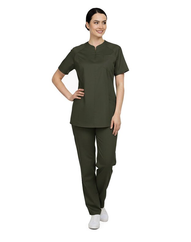 Lengvos, plono audinio medicininės kelnės su medvilne. Alyvuogė