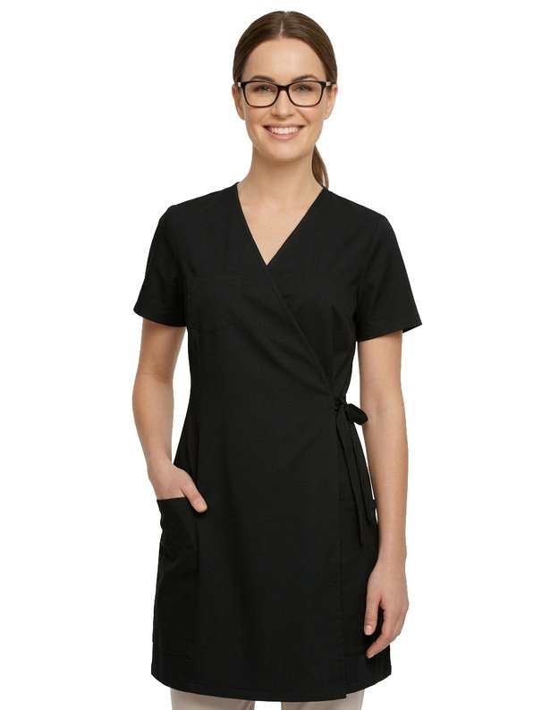 Susiaučiamas švarkelis-chalatas trumpomis rankovėmis. Juodas