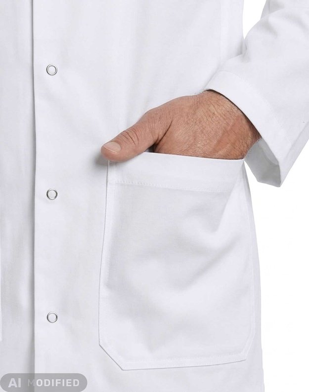 Vyriškas klasikinis medicininis švarkas-chalatas. Baltas