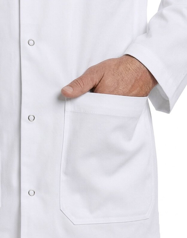 Vyriškas klasikinis medicininis švarkas-chalatas. Baltas