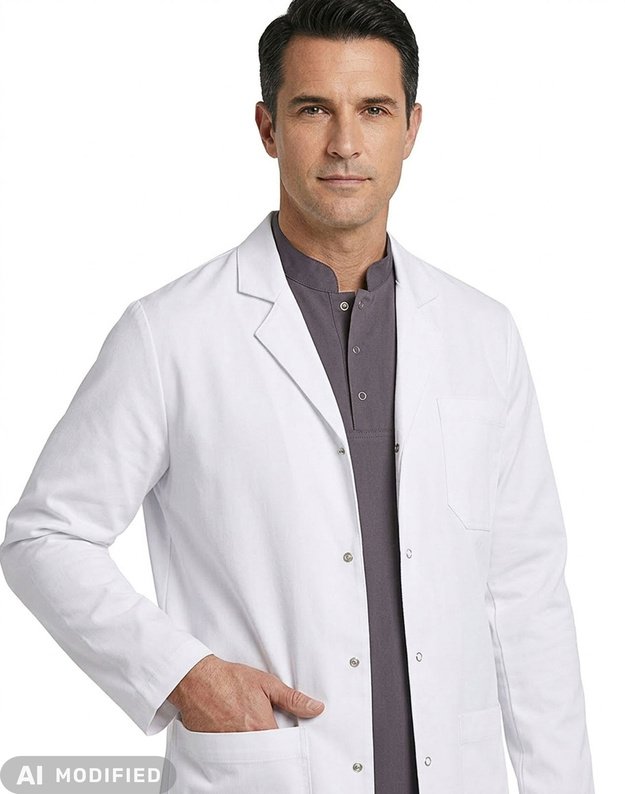Vyriškas medicininis švarkas-chalatas. Tamprus audinys su elastanu. Baltas
