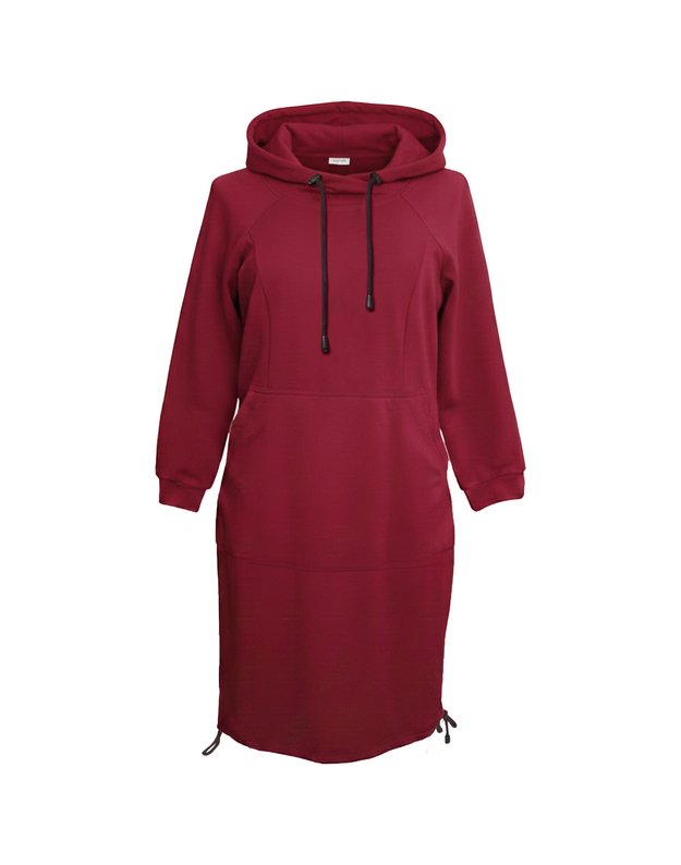 Bordo spalvos džemperis-suknelė su kapišonu
