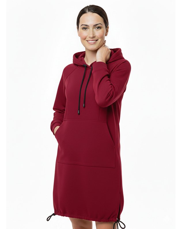 Bordo spalvos džemperis-suknelė su kapišonu