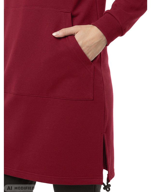 Bordo spalvos džemperis-suknelė su kapišonu