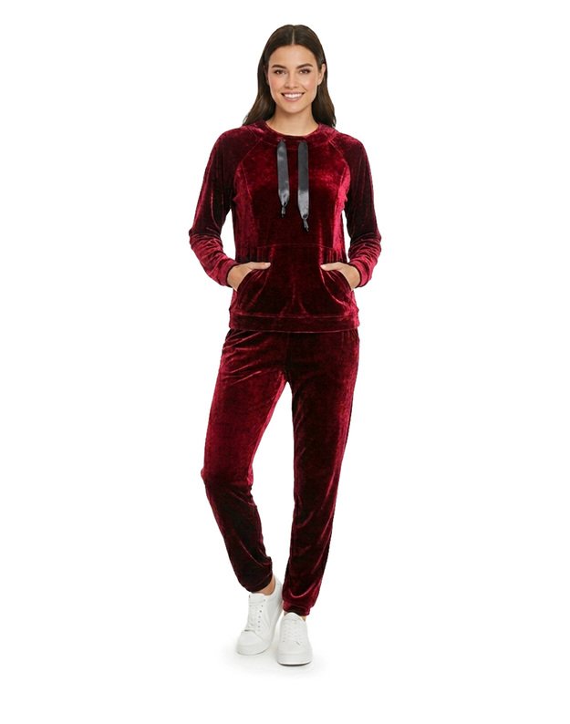 Tamsiai raudonas veliūrinis laisvalaikio komplektas 